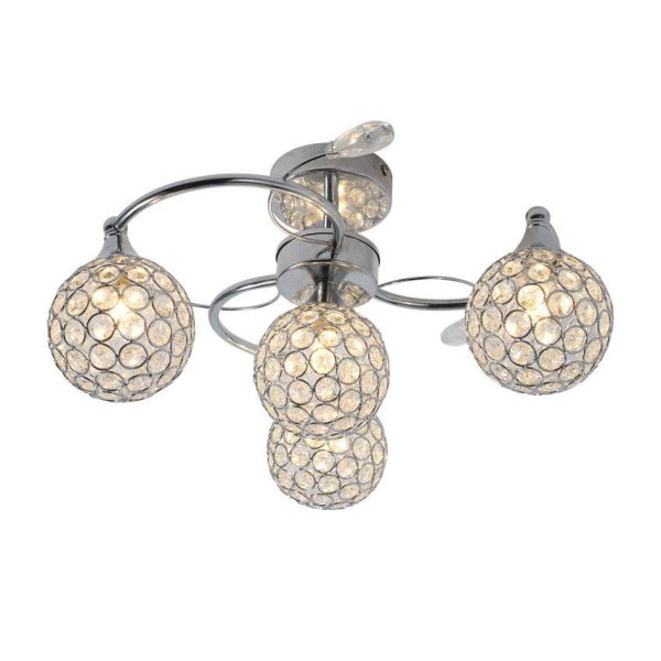 Bella Elegant LED Metal and Crystal Ceiling Light - Chrome, 4 Lights, Dimmable, 310 Lumens PL0069 on Sale